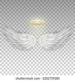 Three dimensional angel white wings and shiny nimbus. Masquerade, festival, carnival costume. Realistic saint aureole (halo) and wings isolated on transparent background. Vector illustrator EPS 10