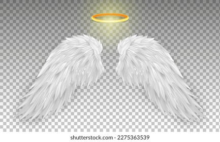 Three dimensional angel white wings and shiny nimbus. Masquerade, festival, carnival costume. Realistic saint aureole (halo) and wings isolated on transparent background. Vector illustrator EPS 10