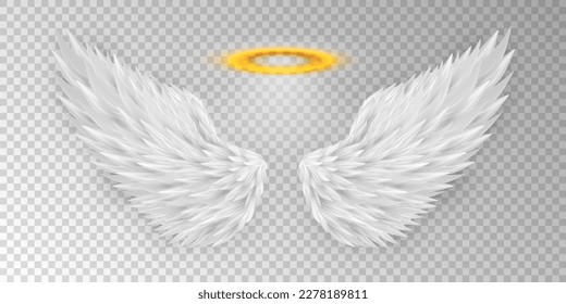 Three dimensional angel white wings and shiny nimbus. Masquerade, festival, carnival costume. Realistic saint aureole (halo) and wings isolated on transparent background. Vector illustrator EPS 10