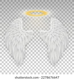 Three dimensional angel white wings and shiny nimbus. Masquerade, festival, carnival costume. Realistic saint aureole (halo) and wings isolated on transparent background. Vector illustrator EPS 10