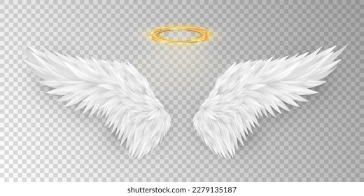 Three dimensional angel white wings and shiny nimbus. Masquerade, festival, carnival costume. Realistic saint aureole (halo) and wings isolated on transparent background. Vector illustrator EPS 10