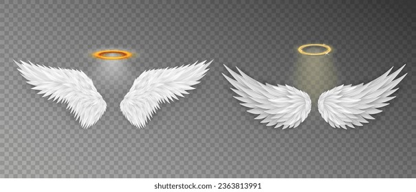 Three dimensional angel white wings and shiny nimbus. Masquerade, festival, carnival costume. Realistic saint aureole (halo) and wings isolated on transparent background. Vector illustrator EPS 10