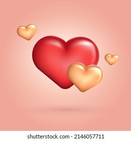 Three dimensional background with red and golden shiny hearts. Passion, love, romance, valentine backdrop. Decorative colorful chubby hearts on pink background.