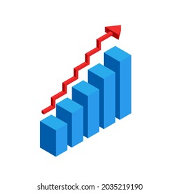 Three Dimensional Bar Chart. Isometric infographics to display progress. Vector 3d illustration isolated on white background.