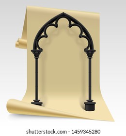 Three dimensional beige paper sheet and black gothic arch model. Design symbol and concept. Vector Illustration