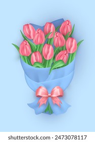 Ramo tridimensional de flores de tulipán rosa brillante envuelto en papel artesanal con lazo de seda sobre fondo azul suave. Lindo regalo floral 3d con flores de primavera para vacaciones, cumpleaños, celebración