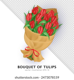 Ramo tridimensional de flores de tulipán rojo brillante envuelto en papel artesanal con lazo de seda aislado sobre fondo transparente. Regalo floral 3d con flores de primavera para fiestas, cumpleaños, celebración