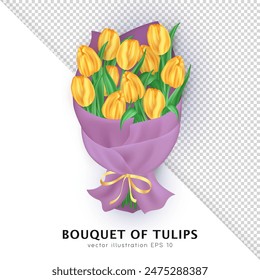 Ramo tridimensional de flores de tulipán amarillo brillante envuelto en papel artesanal púrpura con lazo de seda aislado sobre fondo transparente. Regalo floral 3d con flores de primavera para fiestas, celebración