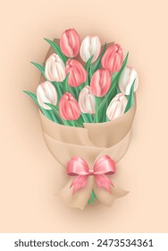 Ramo tridimensional de flores de tulipán rosa y blanco suave envuelto en papel artesanal con lazo de seda sobre fondo beige. Lindo regalo floral 3d con flores de primavera para vacaciones, cumpleaños, celebración