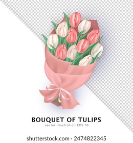 Ramo tridimensional de flores de tulipán rosa y blanco suave envuelto en papel artesanal con lazo de seda aislado sobre fondo transparente. Regalo floral 3d con flores de primavera para fiestas, celebración