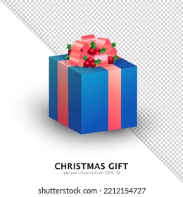 Three dimensional bright blue Christmas gift box with holly berries and pink bow. Closed 3d cartoon xmas present with traditional decoration and ribbon isolated on white and transparent background.