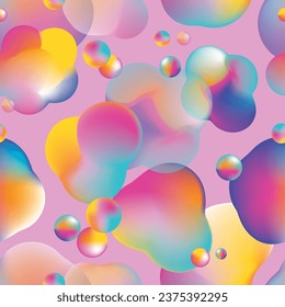 Three -dimensional bright color rainbow fluid bubbles form smooth patterns on a pink background. Vector seamless pattern. Modern abstract art