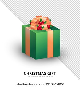 Three dimensional bright green Christmas gift box with holly berries and golden satin bow. 3d cartoon xmas present with traditional decoration and ribbon isolated on white and transparent background