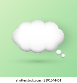 Three dimensional cartoon white fluffy chat bubble sign isolated on green background. 3D vector speech cloud, online message, dialogue icon for social media