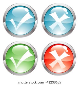 Three Dimensional circle button with yes and no tick check icon, vector illustration