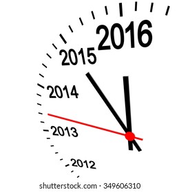 three dimensional clock showing New Year 2016 at 12 o'clock