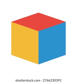 Three dimensional colored cube vector art. Geometric isometric block illustration. Primary colors red blue yellow facets. Abstract design element. Mathematical shape and architectural symbol.