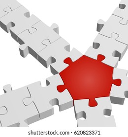 three dimensional connection of gray puzzle parts with one colored center part