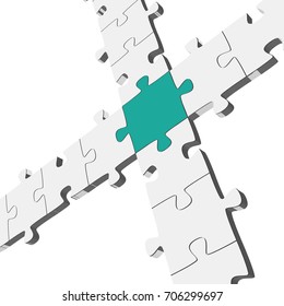 three dimensional connection of gray puzzle parts with one colored center part