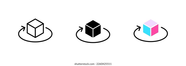 Three dimensional cube with circular arrow. Metaverse, modern technologies, cyberspace, computer hologram, virtual reality. Vector set icon in line, black and colorful styles on white background