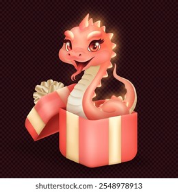 Three dimensional cute pink snake emerging from a gift box as a zodiac sign of 2025 Lunar New Year. 3d oriental mythical reptile inside present box with golden bow isolated on transparent background