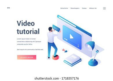 Three dimensional design of web page template with male man learning online through convenient service of video tutorial on white background