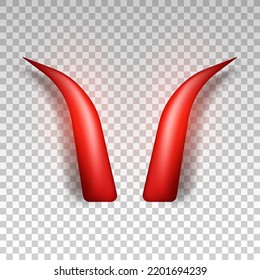 Three dimensional devil horns. Red glossy daemon horns isolated on transparent background. Satan decoration, Monster carnival element. Vector illustration EPS 10