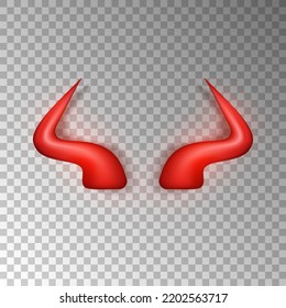 Three dimensional devil horns. Red glossy daemon horns isolated on transparent background. Satan decoration, Monster carnival element. Vector illustration EPS 10