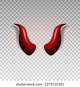 Three dimensional devil horns. Red glossy daemon horns isolated on transparent background. Satan decoration, Monster carnival element. Vector illustration EPS 10