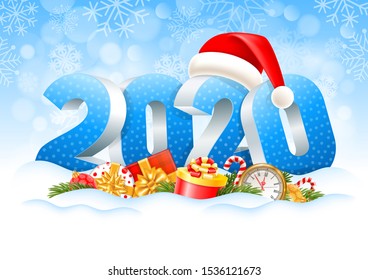 Three dimensional digits 2020 and Santa Claus hat, gifts, spruce branches, christmas toys in the snow. Winter snowy background. Christmas and New Year festive design. Vector illustration.