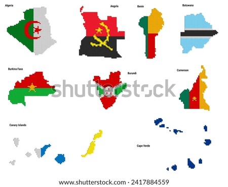 Three dimensional dotted vector illustration graphic of small cubes geographical map in flag colors of Algeria, Angola, Benin, Botswana, Burkina Faso, Burundi, Cameroon, Canary Islands, Cape Verde and