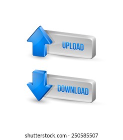 Three dimensional download and upload buttons with arrow icons
