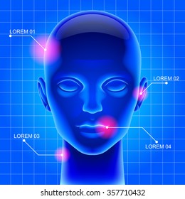Three dimensional futuristic artificial head in blue light as metaphor for high technology. Vector illustration