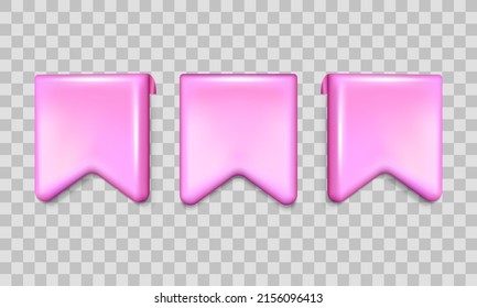 Marcadores tridimensionales de color rosa brillante aislados en fondo transparente. Etiquetas de cinta verticales 3d en diferentes posiciones con resaltado y sombra. Ilustración del vector EPS 10