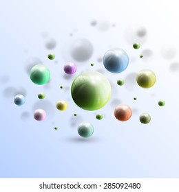 Three dimensional glowing color spheres on blue background. Abstract colorful design. Scientific, medical template for banner or flyer.