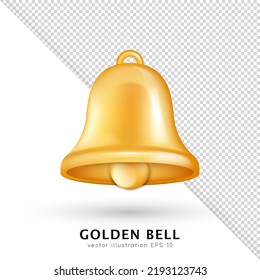 Three dimensional golden glossy bell isolated on white and transparent background. Realistic shiny cartoon bell with highlights and shadow. Vector illustration eps 10.