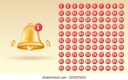 Three dimensional golden shiny bell with red notifications. Notice buttons with numbers from 1 to 99+. New message, subscribe concept for social network, media, mobile apps, etc