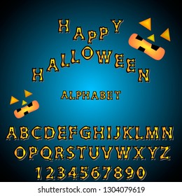 Three Dimensional Halloween Alphabet and Digit Vector on blue black background