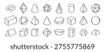 Three dimensional Hand Drawn Sketch Geometry Shapes. Doodle outline 3d geometry shapes. Vector illustration