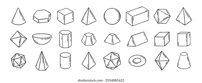 Three dimensional Hand Drawn Sketch Geometry Shapes. Doodle outline 3d geometry shapes. Vector illustration