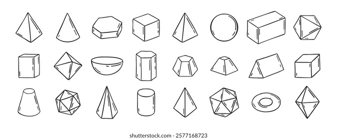 Three dimensional Hand Drawn Sketch Geometry Shapes. Doodle outline 3d geometry shapes. Vector illustration