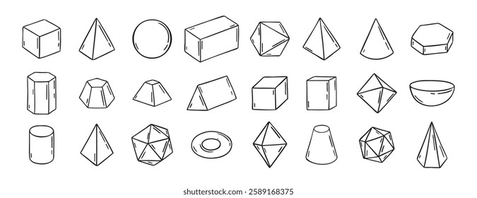 Three dimensional Hand Drawn Sketch Geometry Shapes. Doodle outline 3d geometry shapes. Vector illustration