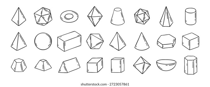 Three dimensional Hand Drawn Sketch Geometry Shapes. Doodle outline 3d geometry shapes. Vector illustration