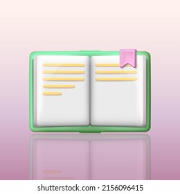 Three dimensional hardcover opened green book with pink bookmark. Cartoon papers with yellow text. Education, documentation, researching 3d icon. Vector textbook