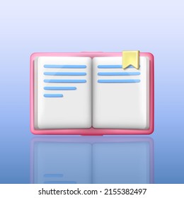 Three dimensional hardcover opened pink book with yellow bookmark. Cartoon papers with blue text. Education, documentation, researching concept. Vector textbook