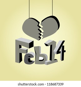 Three dimensional heartbreak shape and feb 14 typography on a yellow background