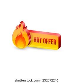 Three dimensional hot offer icon and button on white background