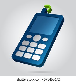 three dimensional illustration - blue old mobile phone, white buttons, display, antenna with green signal and shadow in front of a gray background