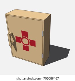 three dimensional illustration - brown, beige isolated medicine cabinet with red first urgency symbol and shadow in front of a white background