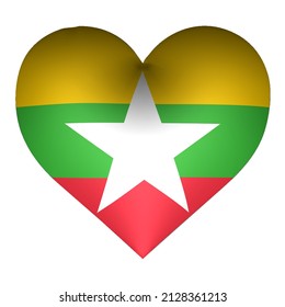 Three dimensional illustration of Myanmar flag with heart shape.